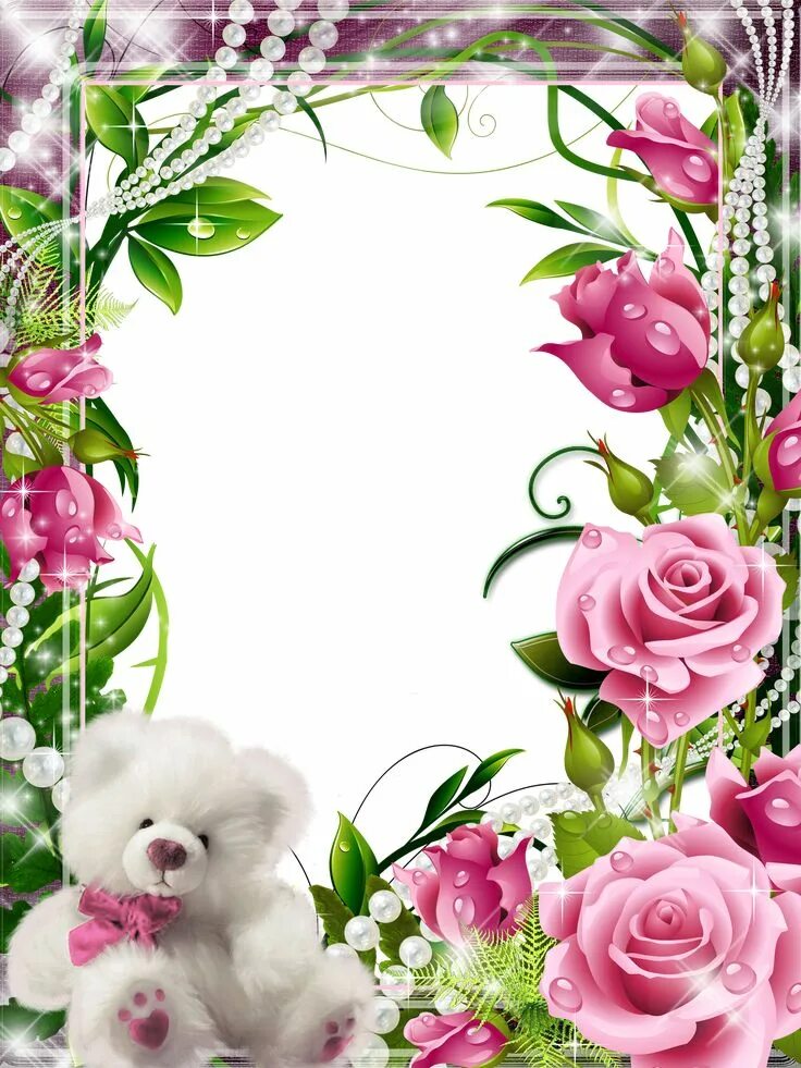 Красивые рамки с цветами для оформления текста Transparent Frame with Pink Roses and White Teddy Pink roses, Flower frame, Rose