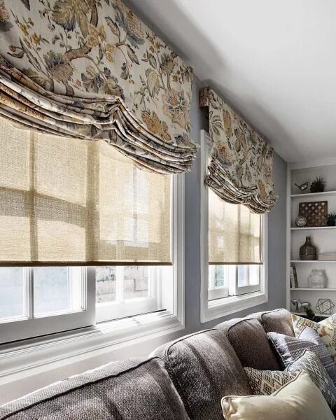 Красивые римские шторы в интерьере Relaxed Roman Fabric Shades - 17986, Solar Roller Shade - 17281, 22" Tailored Sq
