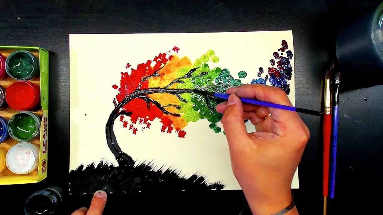 Красивые рисунки красками фото Как нарисовать ЯРКОЕ ДЕРЕВО красками - YouTube