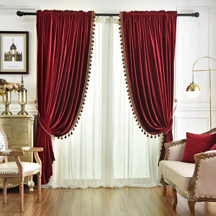 Красивые шторы в интерьере QSH Queen’s House Luxury Burgundy Window Curtains Pom Pom Velvet Blackout Drapes