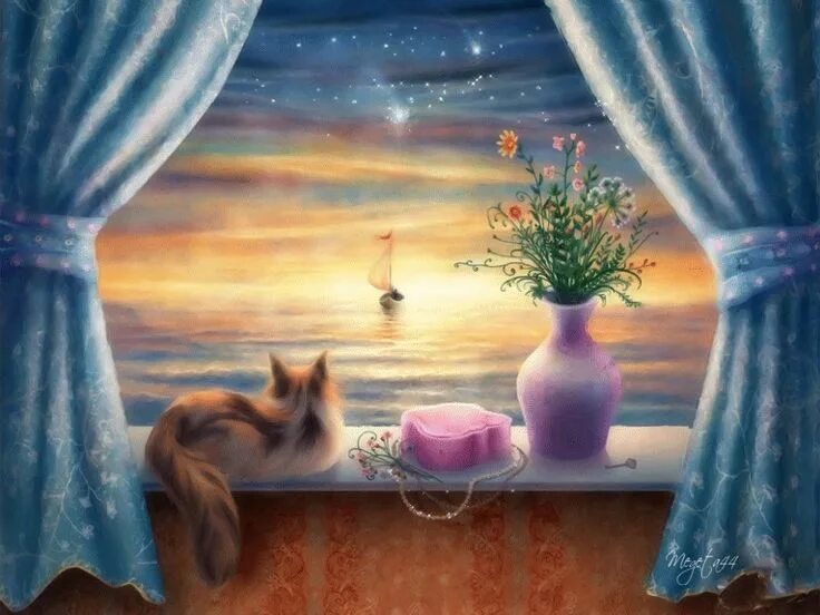 Красивые сказочные картинки с добрым утром Cat Painting on Window Sill with Ocean View