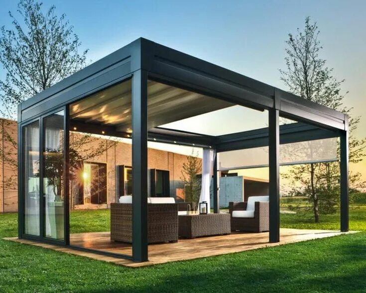 Красивые современные беседки фото pergola avec rideaux -pergola-moderne-alu-baie-vitrée-coulissante-salon-jardin-r