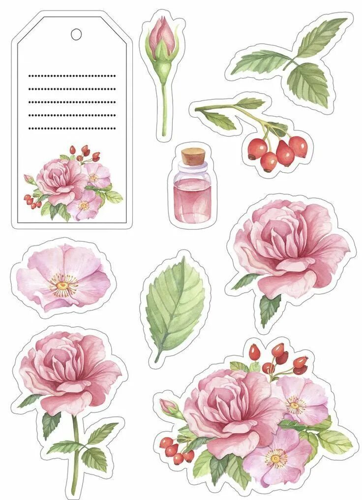 Красивые стикеры для оформления текста Pink Roses Stickers - Printable Planner Stickers, Scrapbook Decor