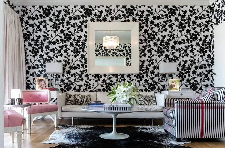 Красивые стильные обои фото Janet Rice Interiors Dallas New York Black and white living room, Wallpaper livi
