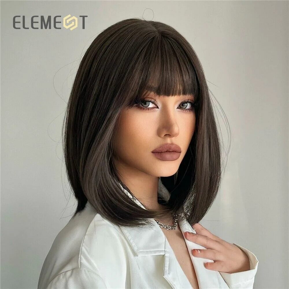 Красивые стрижки 2024 женские ELEMENT синтетические волокна короткие парики боб для женщин темно-коричневый пр