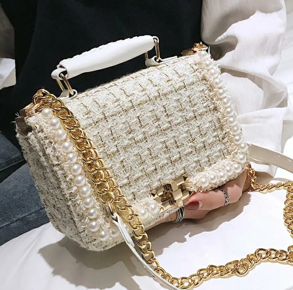 Красивые сумочки 2022 Winter Fashion Female Square Tote Bag Quality Woolen Pearl Women'S Designer