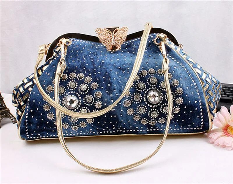 Красивые сумочки купить China Leverancier Custom Logo Mode Schoudertas Vrouwen Denim Handtas Strass Vrou