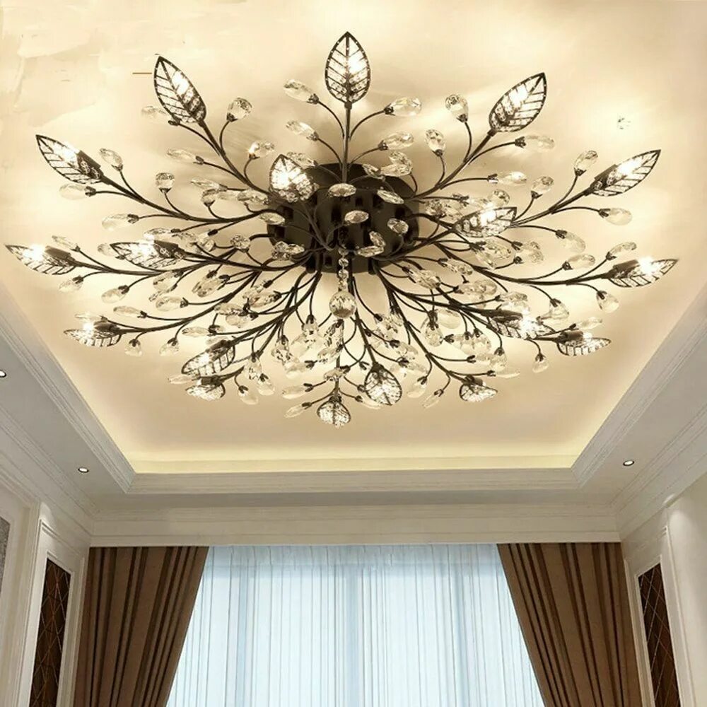 Красивые светильники на потолок фото Modern Flush Mount Leaves Gold Black Crystal Ceiling Chandelier Light Fixture eB