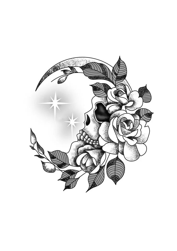Красивые тату фото эскизы Flower Crescent Moon Skull Wrist Tattoo Design Black & White. Designer: Andrija 