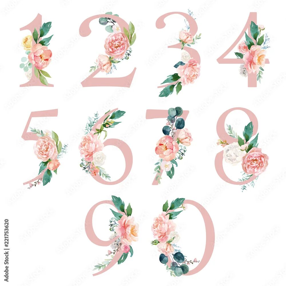 Красивые цифры для оформления скопировать Peach cream / Blush Floral Number Set - digits 1, 2, 3, 4, 5, 6, 7, 8, 9, 0 with
