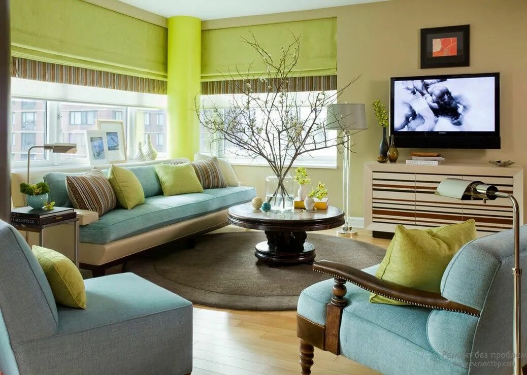 Красивые цвета в интерьере фото Салатовый цвет в интерьере Blue and green living room, Living room color schemes
