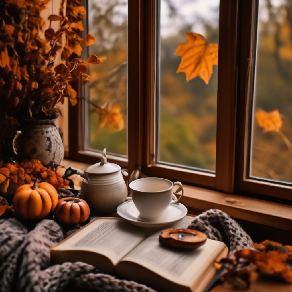Красивые уютные фото осени "Book evening autumn tea plaid window ." - image created in Shedevrum