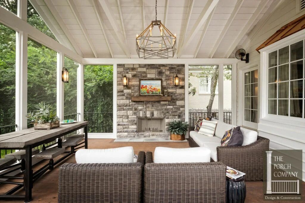 Красивые веранды в частных домах застекленные фото Screened Porch and Garage Oasis - The Porch Company House with porch, Porch fire