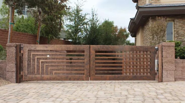 Красивые заборы для частных домов фото необычные Double Gate Gate Las Vegas Double Driveway Gates ***-***-**** ... Entrance gates