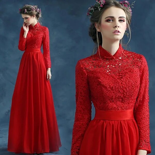 Красивые закрытые платья фото Red Long Sleeve Lace Xxxl Long Chinese Dress Wedding Cheongsam Chiffon A-line El