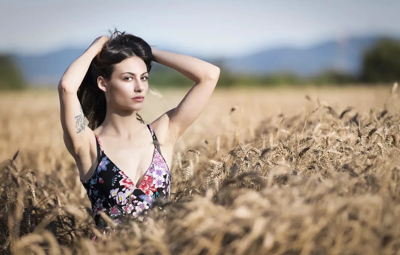 Красивые женщины в поле фото Wallpaper field, the sky, face, hair, ears, cutie, Erika for mobile and desktop,