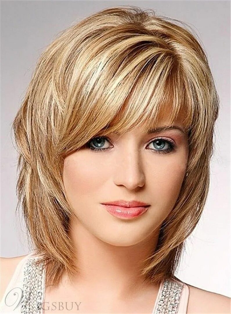 Красивые женские стрижки на средние Charming Fluffy Layered Medium Straight Wig Synthetic Hair Capless 12 Inches Med