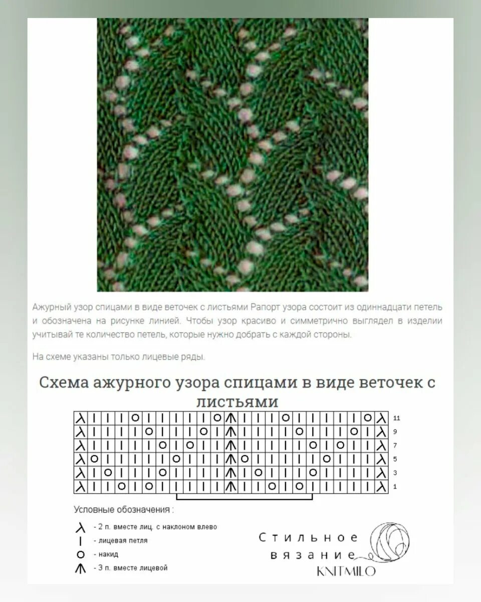 Красивый ажур спицами схемы и описание "Веточки" спицами. 10 узоров со схемами и ссылками на видео-мк Стильное вязание 