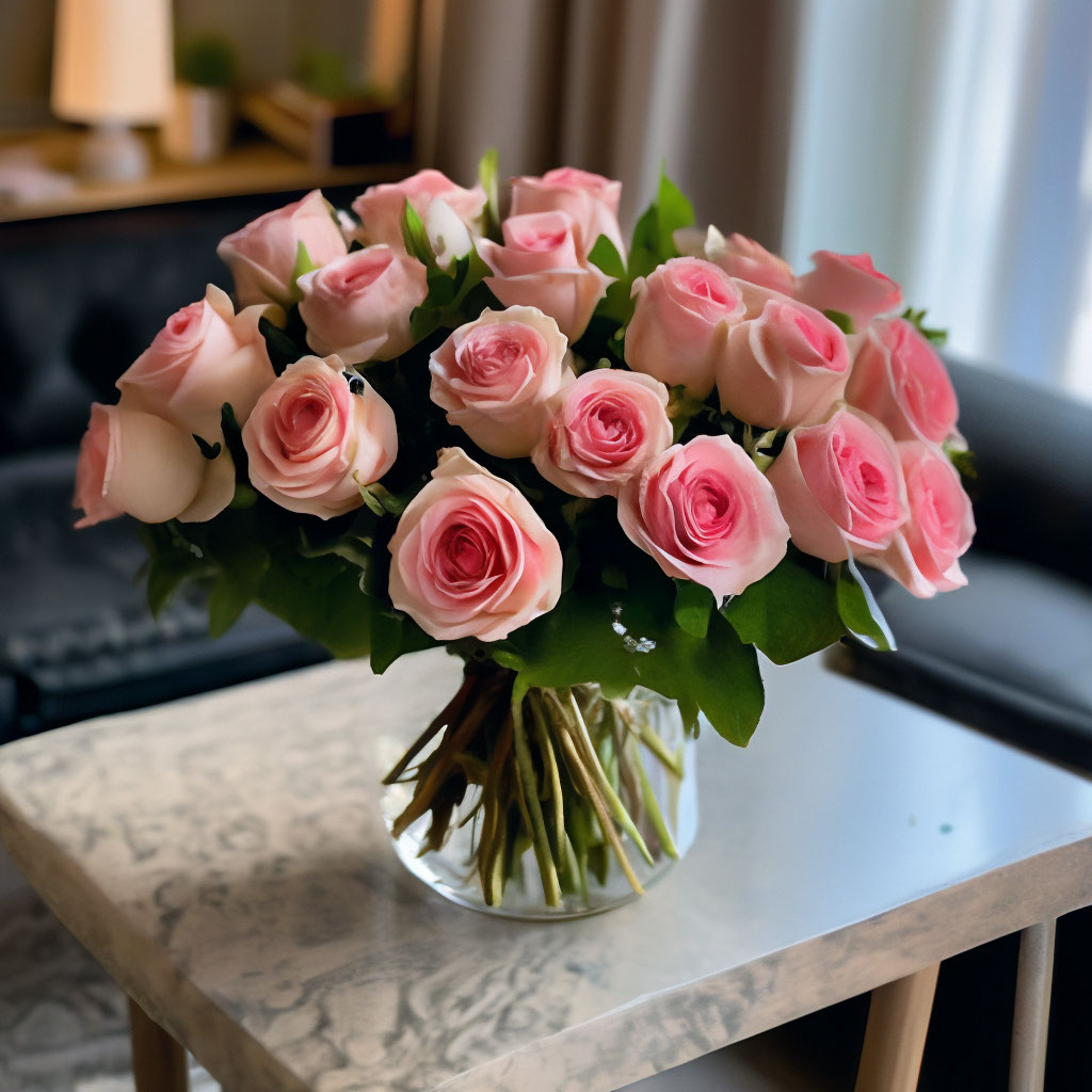 Красивый букет цветов на столе фото "A beautiful bouquet of roses is lying." - image created in Shedevrum