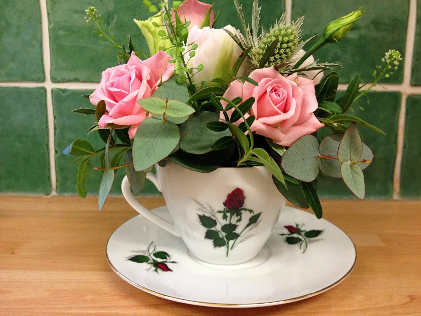 Красивый день фото картинки Pictures Bouquets Roses Flowers Cup Saucer
