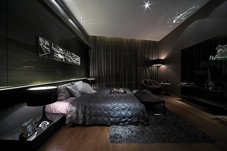 Красивый дизайн комнаты High Gloss, High Contrast, High Drama Interiors Camera da letto nera, Camera da 