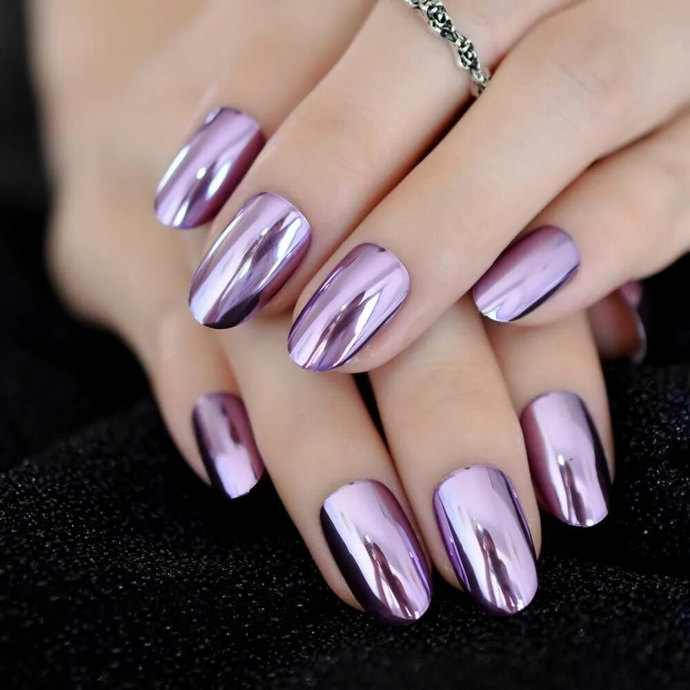 Красивый дизайн ногтей втирка фото Purple Mirror Ova Faux Nails - Fake Nail Store Mirror nails, Purple nails, Metal