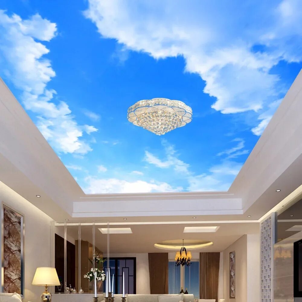 Красивый дизайн потолка фото Custom 3d Photo Wallpaper Blue Sky And White Clouds Ceiling Mural Living Room Be