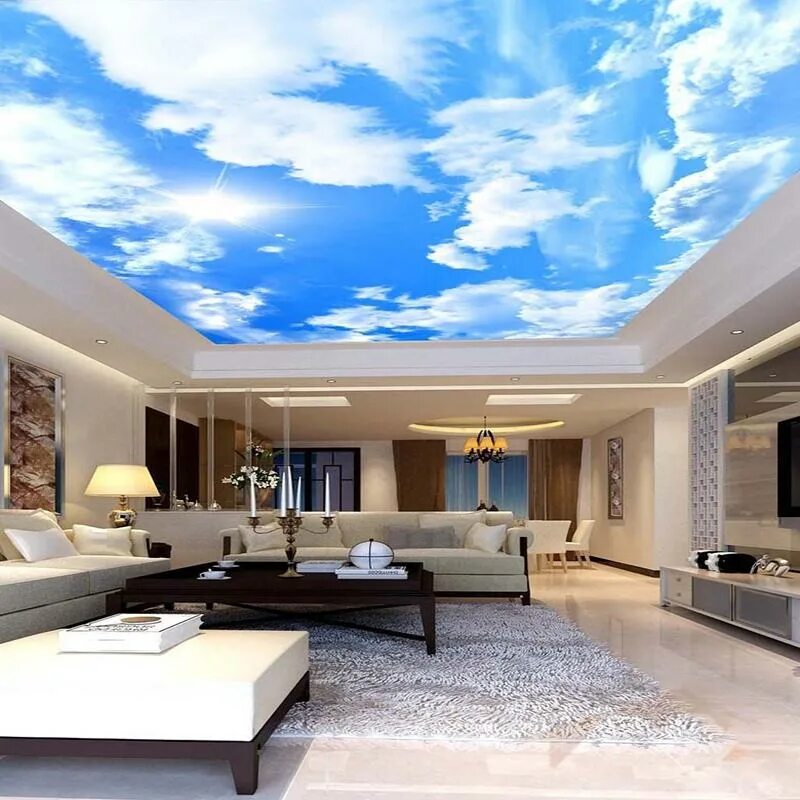 Красивый дизайн потолка фото Купить Водостойкие потолочные обои 3D голубое небо и белые облака Гостиная Спаль