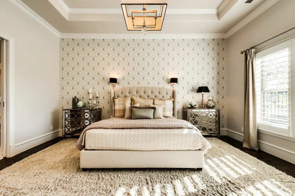Красивый дизайн спальни обои комбинированные бежевые обои в спальне Bedroom interior, Interior design bedroom