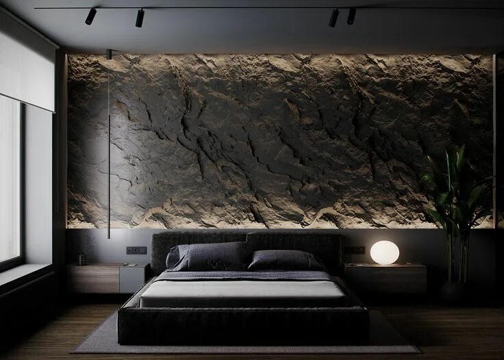 Красивый дизайн стен фото Earthy Brown And Black Decor With Rugged Rock Features & Luxurious Lighting Ston