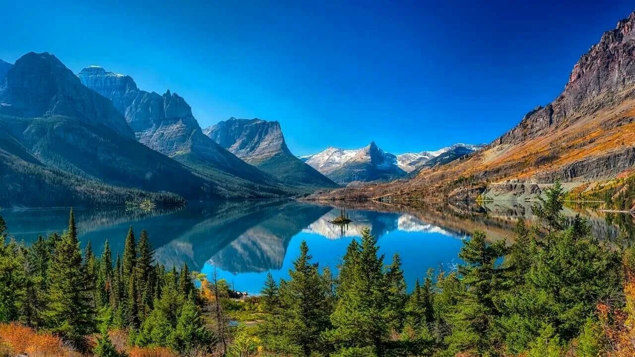 Красивый горный пейзаж фото высокого разрешения Картина на холсте 60x110 Альянс Лес "Glacier National Park" на подрамнике / инте