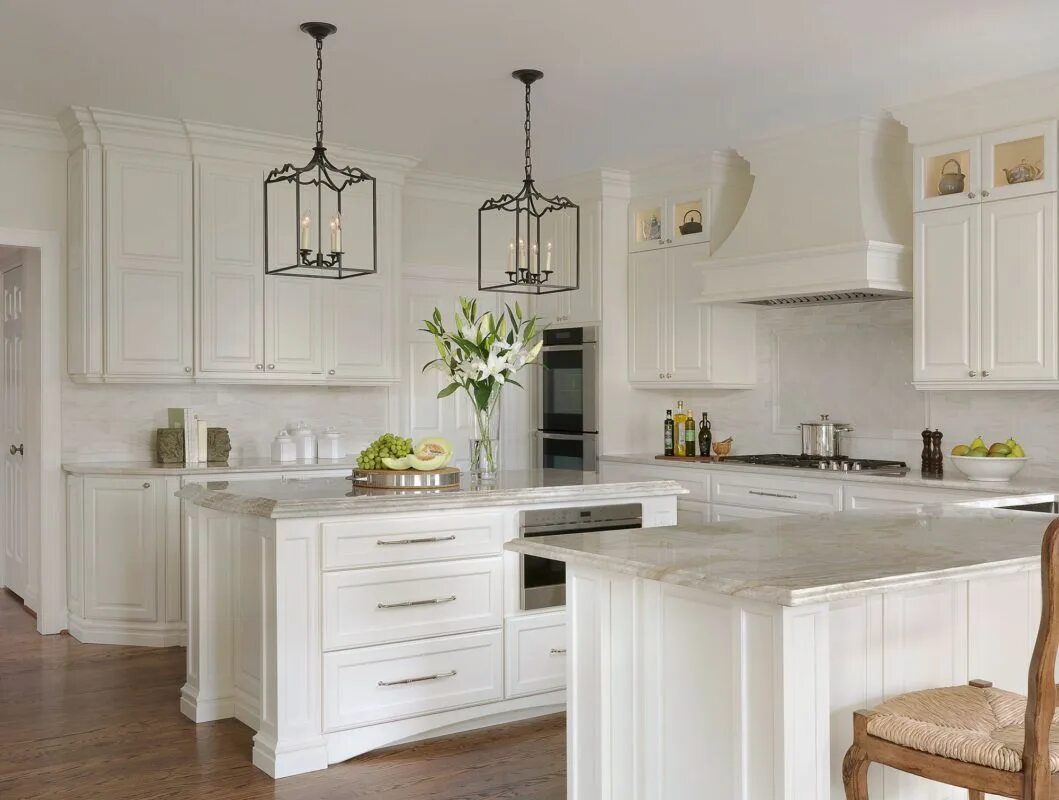 Красивый интерьер белой кухни Painted White Kitchen with Walnut Wet Bar - Crystal Cabinets Classic white kitch