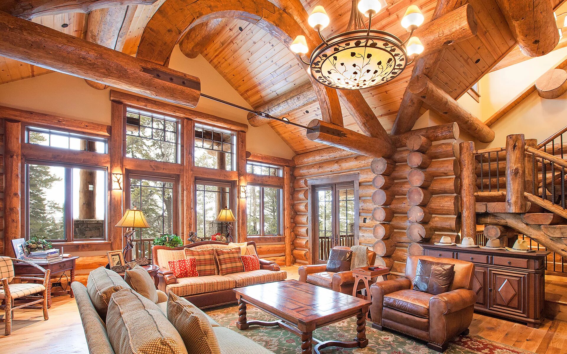 Красивый интерьер деревянных домов Download wallpaper interior, log home, great room, section interior in resolutio