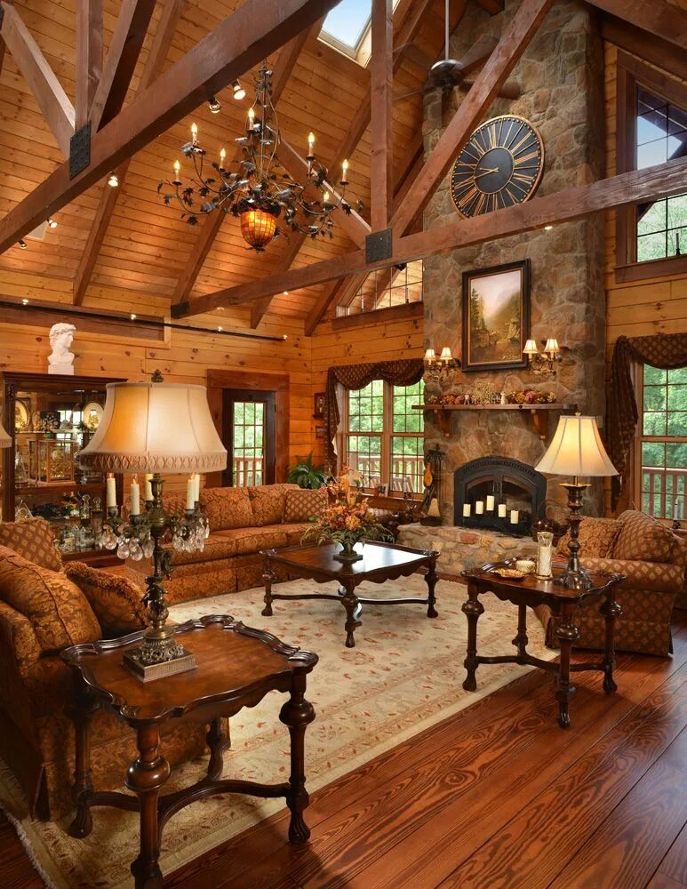 Красивый интерьер деревянных домов Custom Log Home with a Massive Stone Fireplace