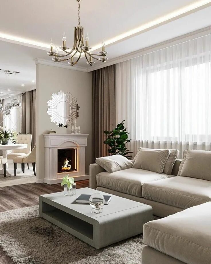 Красивый интерьер гостиной в квартире фото beige neutral white open concept apartment floor plan l section couch sofa style