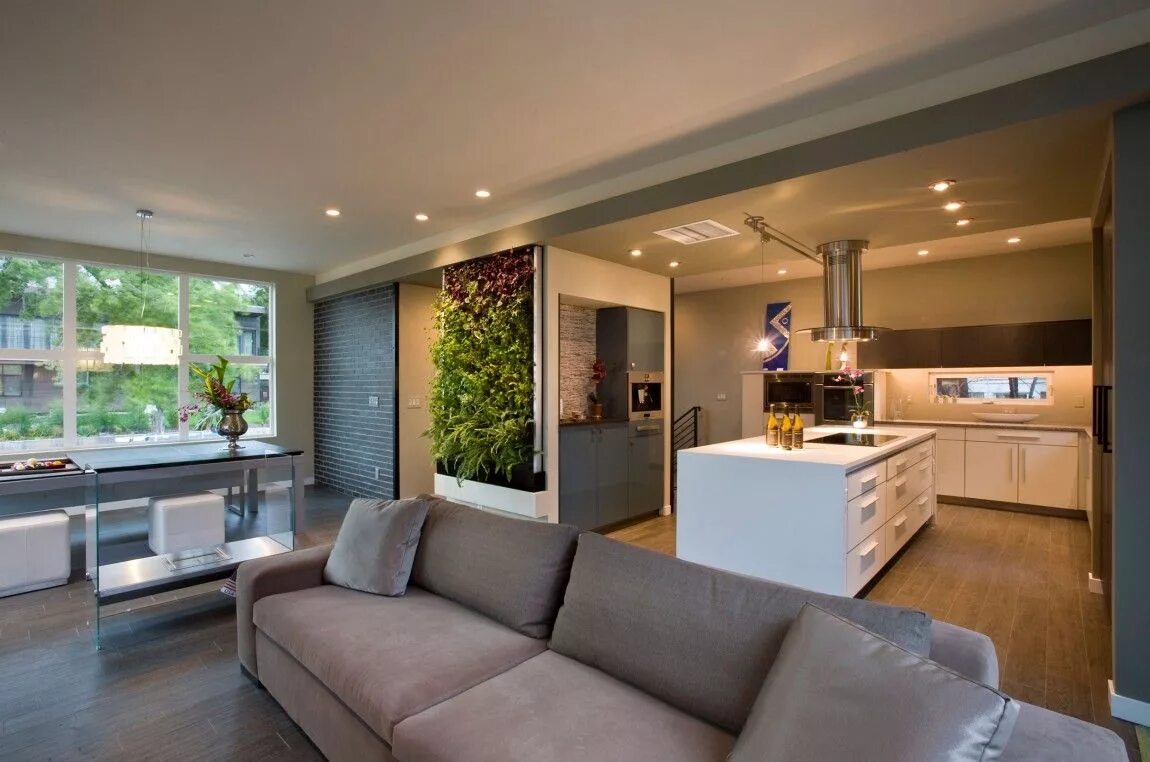 Красивый интерьер кухни гостиной фото Creative Green Wall Living room and kitchen design, Open plan kitchen living roo