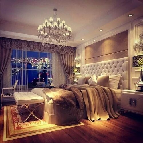 Красивый интерьер спальни Elegant bedroom with a view city lights bedroom decor elegant design interior Fa