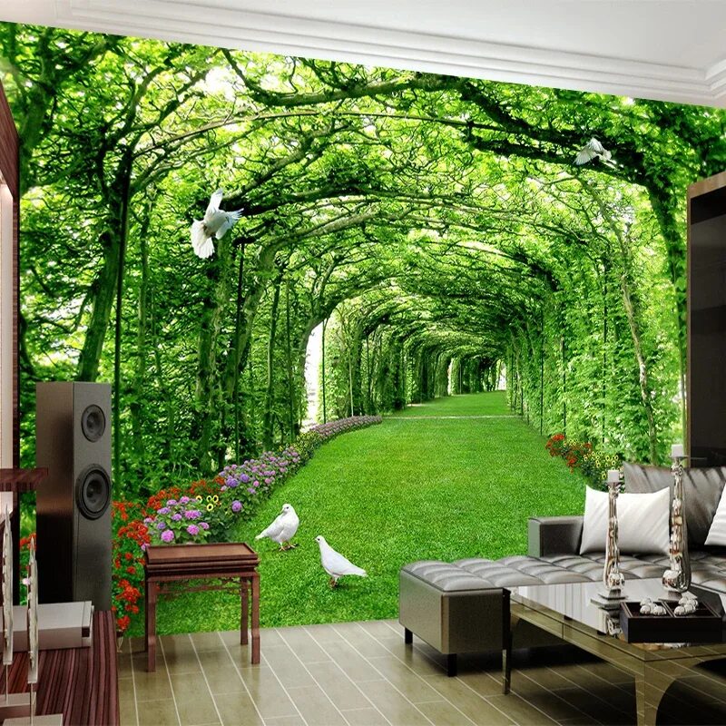 Красивый интерьер стен фото Custom Photo Wallpaper For Walls 3 D Green Forest Tree Lawn 3d Stereo Space Back