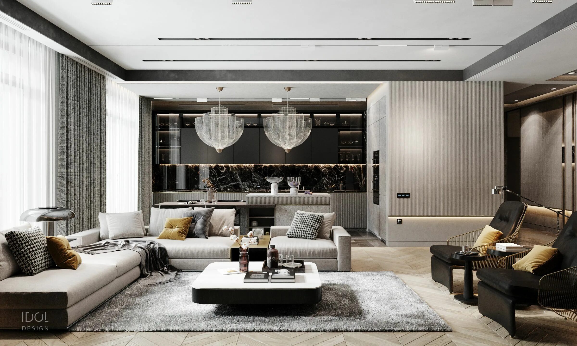 Красивый интерьер в современном стиле Luxurious modern kitchen-living room in silver tones from IDOL DESIGN Studio fro
