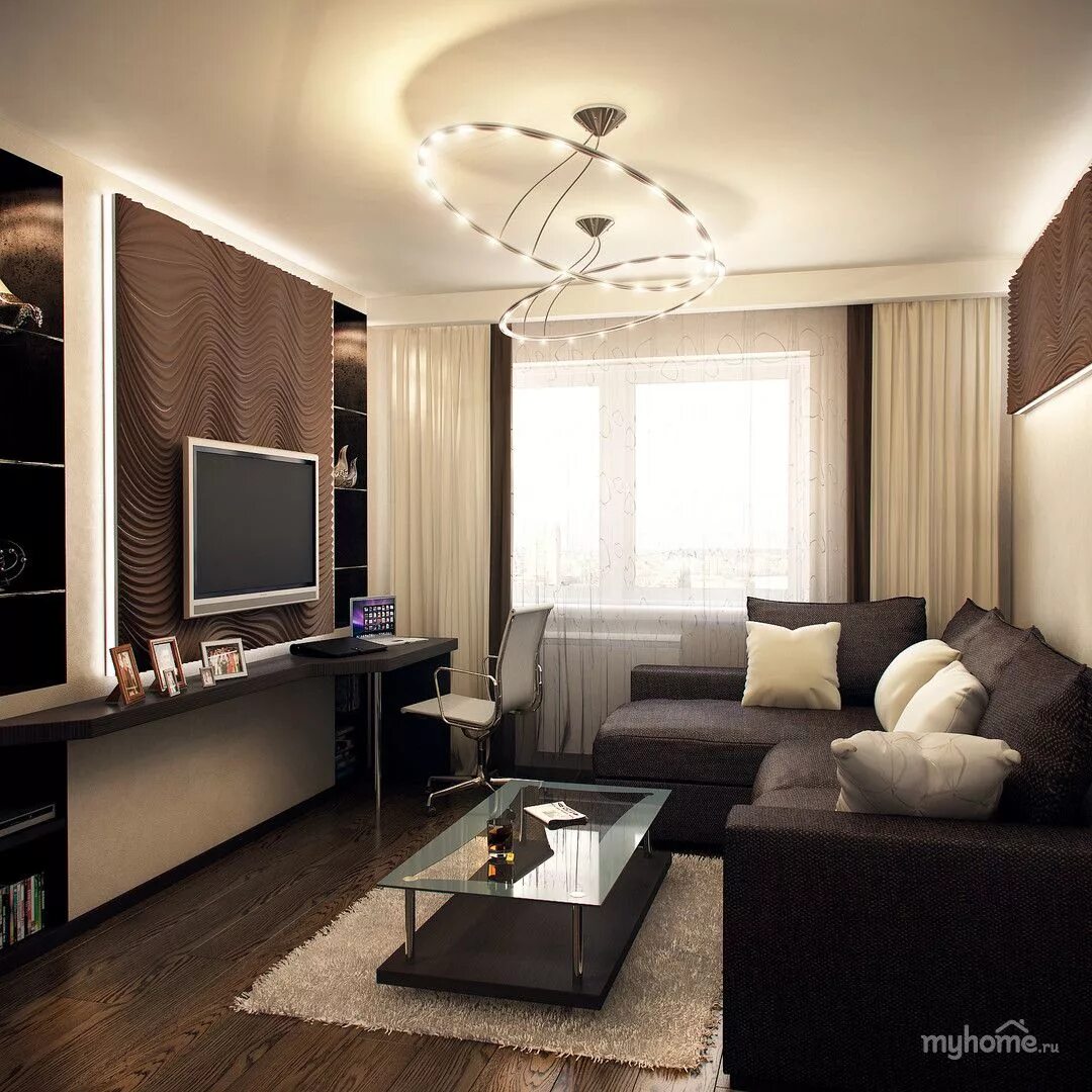 Красивый интерьер зала в квартире фото Livingroom# маленькаягостинная# люстра Небольшие гостиные, Коричневые гостинные,