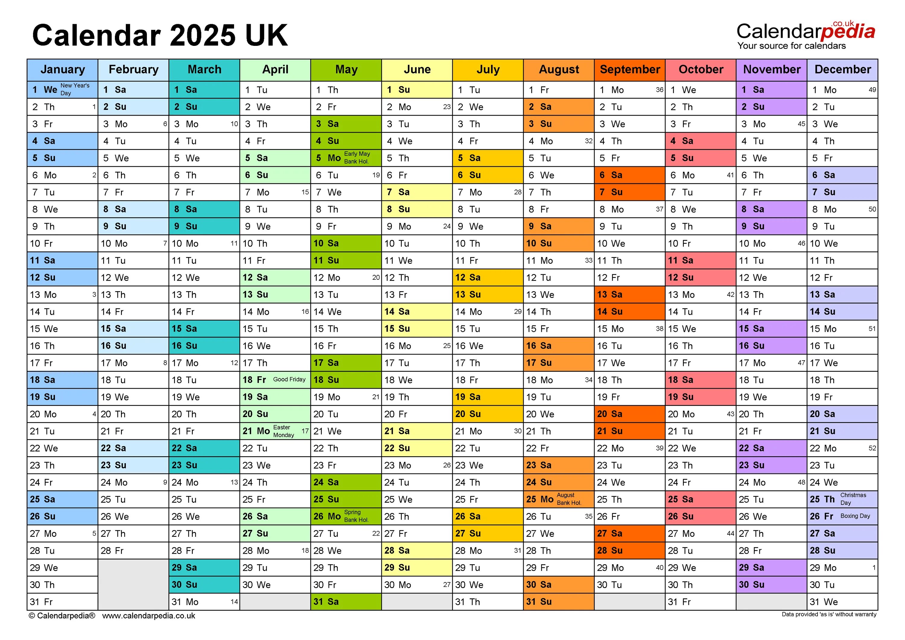 Красивый календарь 2025 с праздниками и выходными Calendar 2025 (UK) - free printable PDF templates