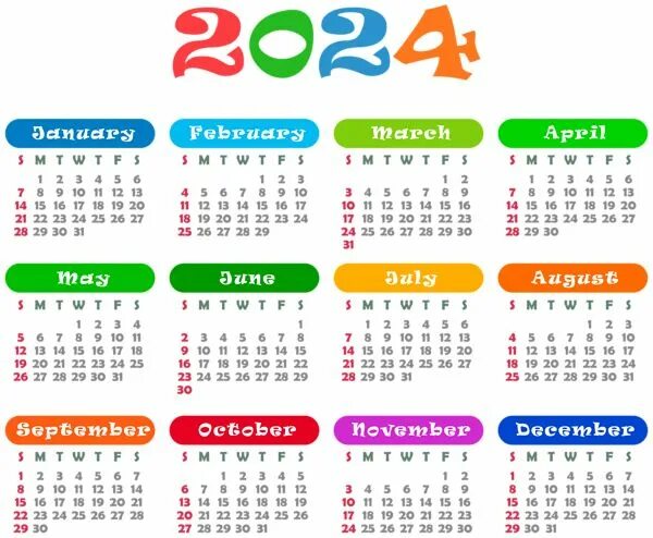 Красивый календарь на 2024 год 2024 US Colorful Calendar Transparent PNG Image Coloring calendar, Christmas pho