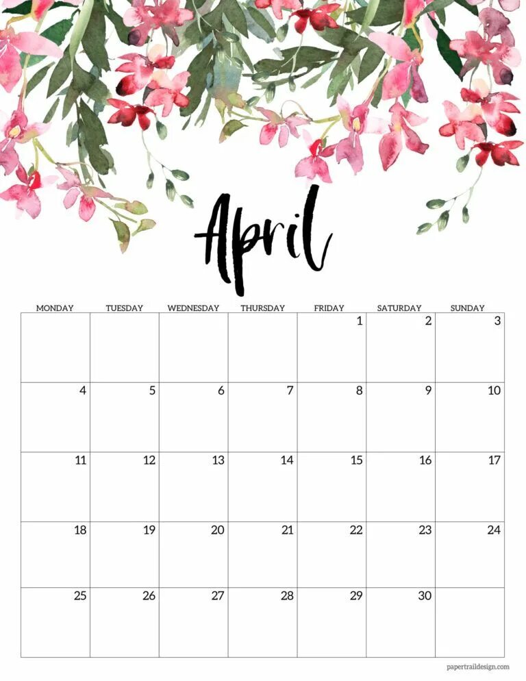 Красивый календарь на 2024 год Free Printable 2022 Floral Calendar - Monday Start - Paper Trail Design Calendar