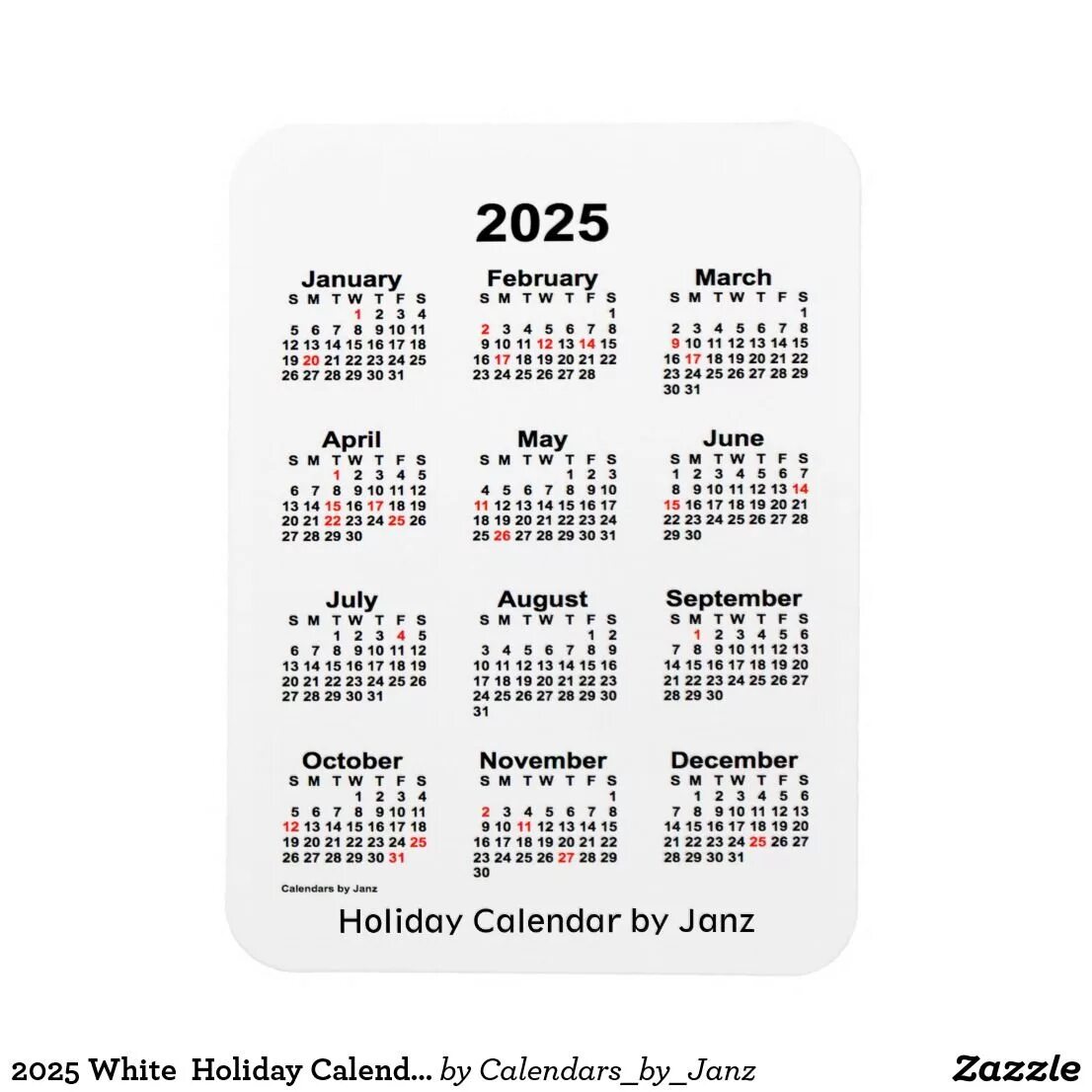 Красивый календарь на 2025 год 2025 White Holiday Calendar by Janz Magnet Zazzle Holiday calendar, Custom calen