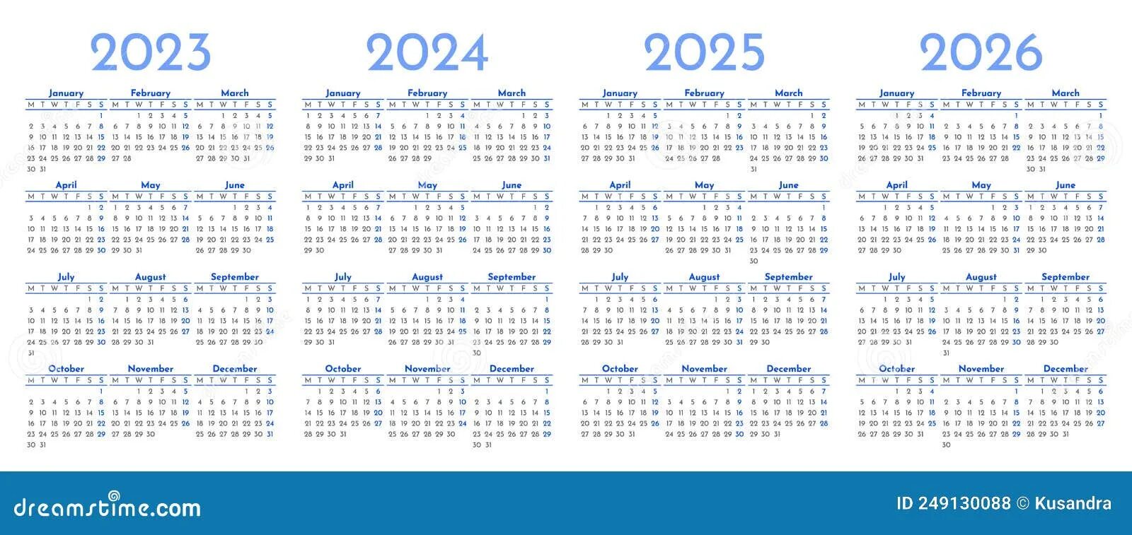 Красивый календарь на 2025 год Set of Monthly Calendar Templates for 2023, 2024, 2025, 2026 Years Stock Vector 