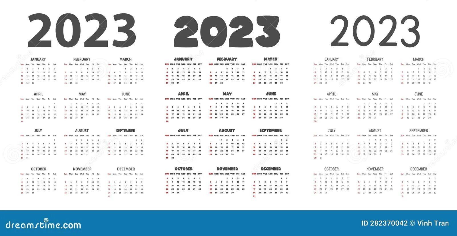 Красивый календарь на 2025 год 2023 Calendar in Different Fonts Style Vector Illustration. Simple Classic Month