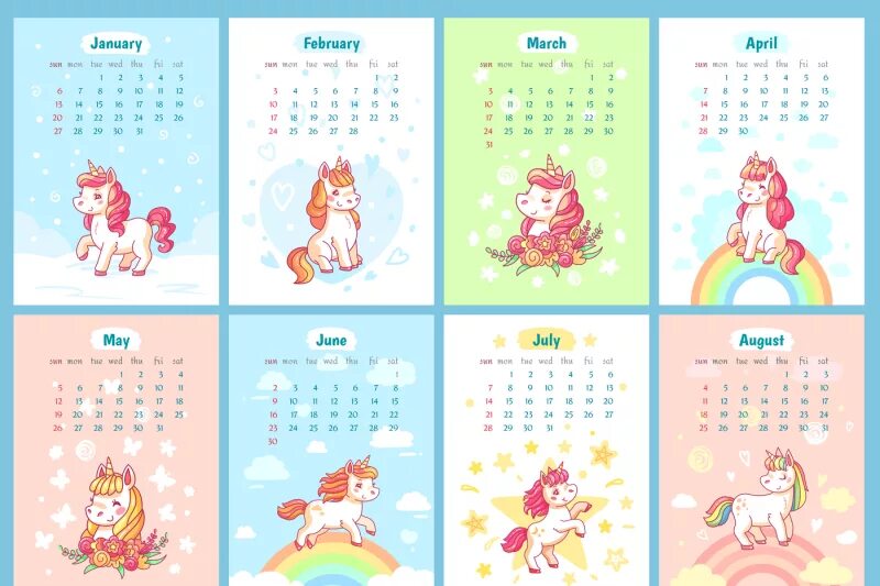 Красивый календарь на год Sweet cute magic unicorn 2019 calendar for kids. Fairy unicorns with r By Tartil