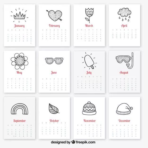 Красивый календарь на год Free Vector Calendar with sketchy seasonal elements Creative calendar, Calendar 