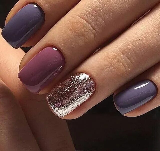 Красивый лак на короткие ногти фото Plomo, malva y dorado Shellac nail colors, Nail colors, Purple and pink nails