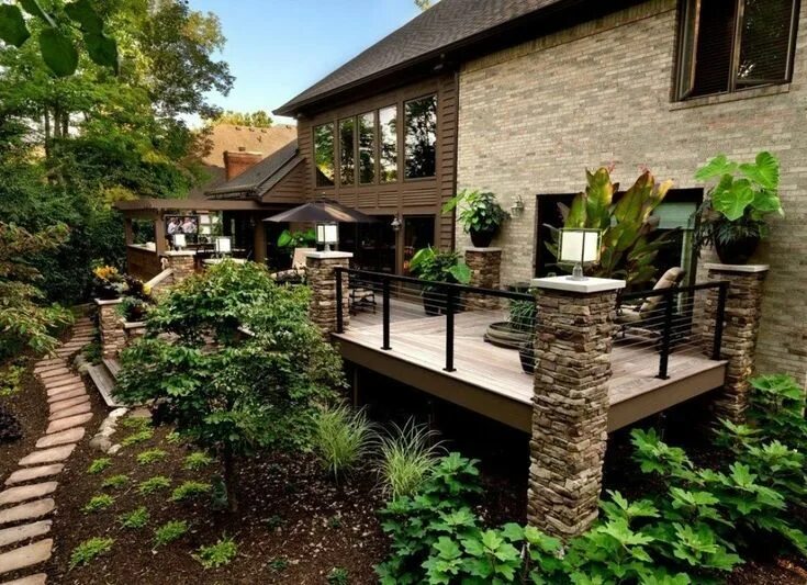 Красивый ландшафтный дизайн загородного дома фото Pin by Ольга on ландшафт Outdoor design, Patio, Rustic deck